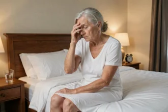 Femme âgée assise sur le bord de son lit le matin, illustrant les troubles du sommeil liés au vieillissement