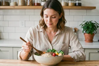 Femme devant un bol de fibres alimentaires variées pour favoriser la satiété