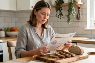 Femme lisant une brochure médicale sur la maladie coeliaque à table avec du pain complet