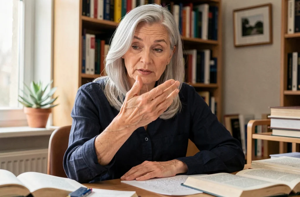 Femme d'âge mûr examinant sa main droite dans un bureau, en lien avec les croyances et superstitions sur les démangeaisons de la main droite