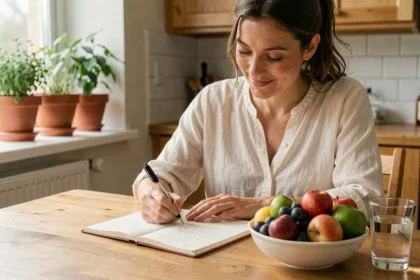 Femme écrivant dans un carnet alimentaire à une table de cuisine en bois avec des fruits frais et un verre d'eau