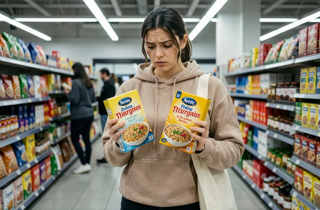 Jeune femme comparant des céréales en supermarché pour choisir un produit moins sucré et mieux contrôler son poids