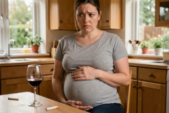 Femme enceinte assise à une table de cuisine, regardant avec inquiétude un verre de vin et une cigarette non allumée, illustrant les risques de l'alcool et du tabac pendant la grossesse