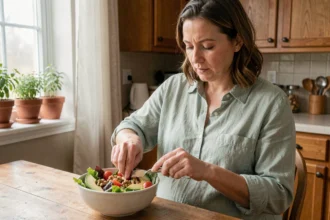 Femme enceinte préparant une salade nutritive et équilibrée dans une cuisine chaleureuse en bois