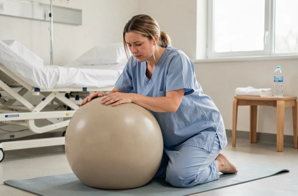 Femme enceinte en travail accroupie sur un ballon de naissance pour rester mobile et gérer la douleur pendant la dilatation du col