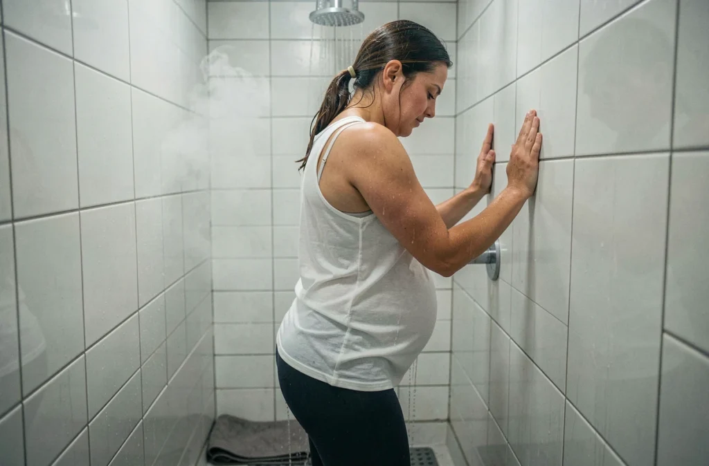 Femme enceinte en phase de travail sous la douche pour soulager les douleurs de la dilatation du col grâce à la chaleur de l'eau