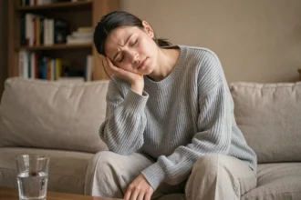 Jeune femme enceinte fatiguée assise sur un canapé, tête appuyée sur la main, signes de fatigue en début de grossesse