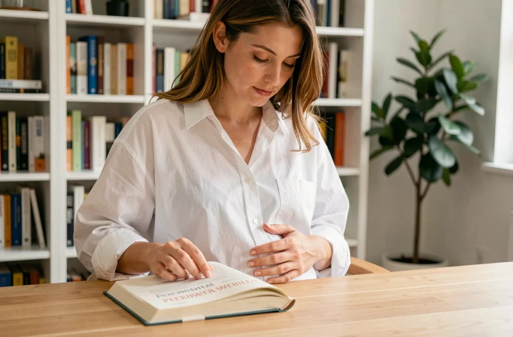 Femme enceinte lisant un livre sur le bien-être périnatal à son bureau, dans un espace calme et intime à la maison