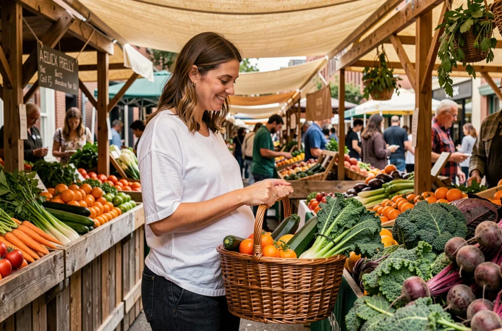 Femme enceinte choisissant des légumes frais sur un marché fermier en plein air
