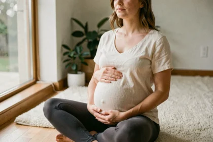 Femme enceinte assise en méditation sur un plancher en bois, les mains posées sur son ventre arrondi, dans un intérieur lumineux et apaisant
