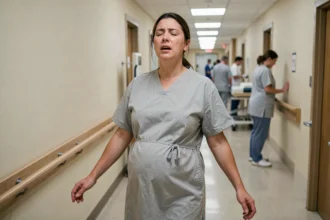 Femme enceinte en travail marchant dans un couloir de maternité pour soulager la douleur des contractions lors de la dilatation du col