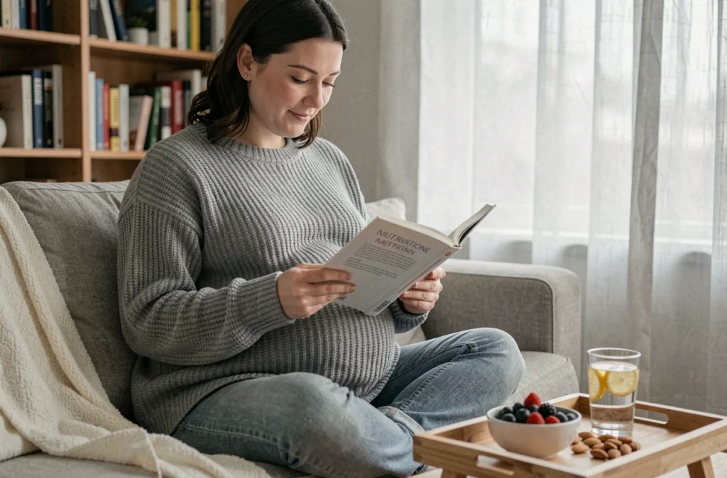 Femme enceinte lisant un guide de nutrition prénatale avec des collations saines à portée de main
