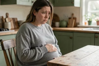 Femme enceinte stressée assise à une table en bois, les mains sur le ventre, exprimant inquiétude et fatigue