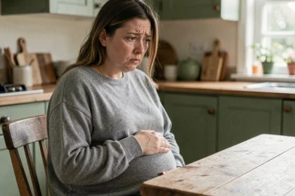 Femme enceinte stressée assise à une table en bois, les mains sur le ventre, exprimant inquiétude et fatigue