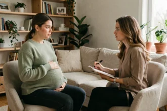 Femme enceinte en séance de suivi psychologique avec une thérapeute dans un cabinet moderne et apaisant