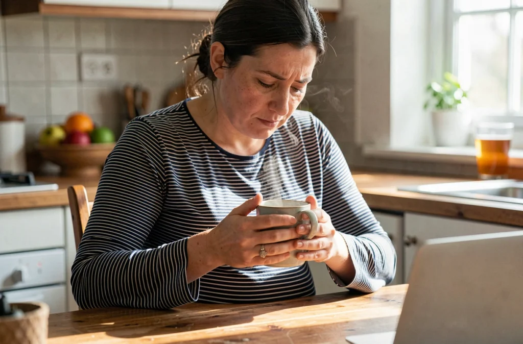 Femme enceinte fatiguée tenant une tasse de tisane dans sa cuisine, symptômes de fatigue en début de grossesse