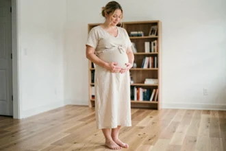 Femme enceinte au troisième trimestre tenant son ventre arrondi dans un intérieur lumineux et calme