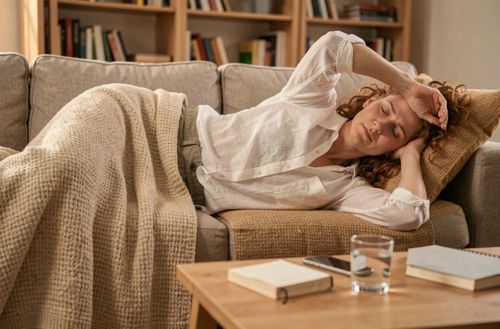Jeune femme épuisée allongée sur un canapé avec une couverture, représentant la fatigue chronique liée aux maladies auto-immunes au quotidien