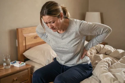Femme souffrant de fibromyalgie assise sur le bord de son lit le matin, les mains dans le dos, exprimant une fatigue chronique dans une chambre apaisante