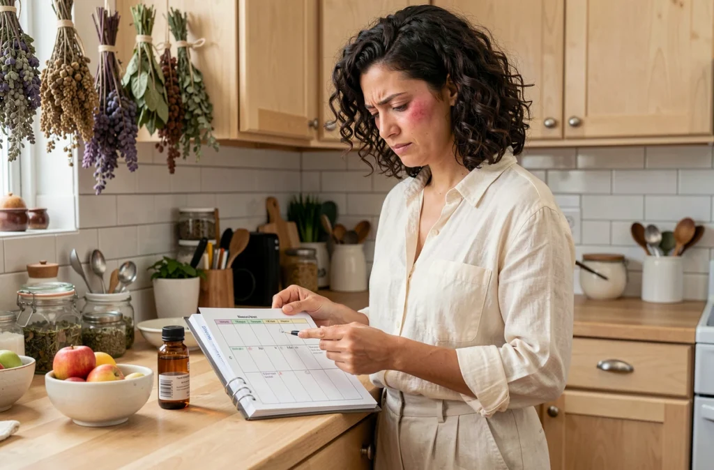 Femme gérant sa fibromyalgie au quotidien avec un planning hebdomadaire, des médicaments et une tisane dans une cuisine chaleureuse
