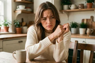 Femme se grattant la main droite d'un air pensif dans une cuisine chaleureuse, illustrant la superstition sur les démangeaisons de la main droite