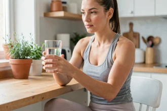 Femme athlétique tenant un grand verre d'eau dans une cuisine moderne, illustrant le lien entre hydratation et minceur