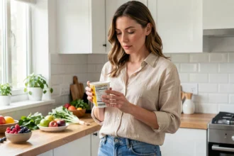 Femme lisant l'étiquette nutritionnelle d'un yaourt dans une cuisine moderne pour contrôler sa consommation de sucre