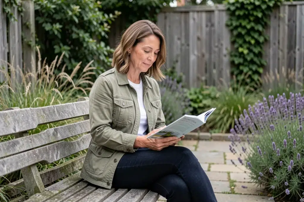 Femme lisant un magazine de psychologie positive sur un banc dans un jardin urbain paisible, évoquant une routine bien-être ancrée dans la durée