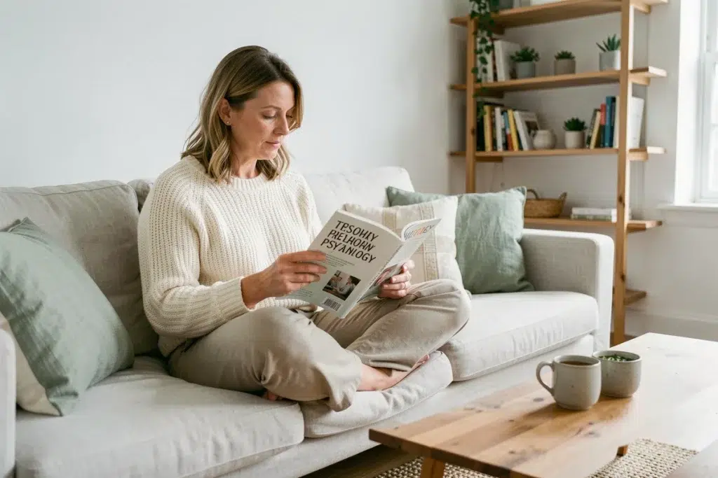 Femme lisant le magazine Psychologie Positive sur un canapé en lin dans un salon scandinave cosy, illustrant une routine bien-être durable