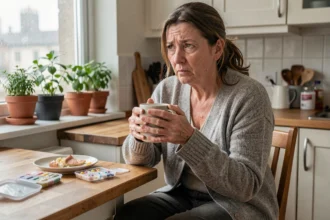 Femme atteinte de maladie auto-immune tenant une tasse le matin avec des doigts douloureux et un pilulier ouvert sur la table de cuisine