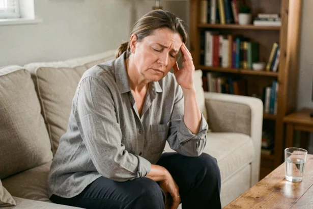 Femme d'une cinquantaine d'années assise dans son salon, main sur la tempe, exprimant la fatigue liée à la maladie de Ménière