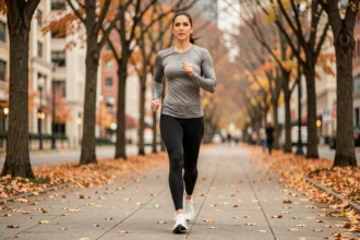 Femme sportive pratiquant la marche rapide sur un chemin urbain bordé d'arbres en automne pour brûler des calories