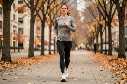 Femme sportive pratiquant la marche rapide sur un chemin urbain bordé d'arbres en automne pour brûler des calories