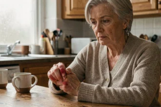 Femme âgée souffrant de polyarthrite rhumatoïde tenant ses mains douloureuses à la maison
