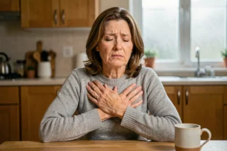 Femme d'âge mûr assise seule dans une cuisine, mains croisées sur la poitrine, exprimant anxiété et stress lié aux maladies cardiovasculaires et à la santé mentale