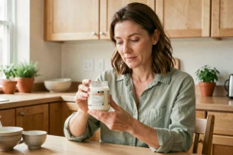 Femme tenant un pot de yaourt riche en postbiotiques dans une cuisine naturelle, illustrant l'alimentation pour une flore intestinale fragile