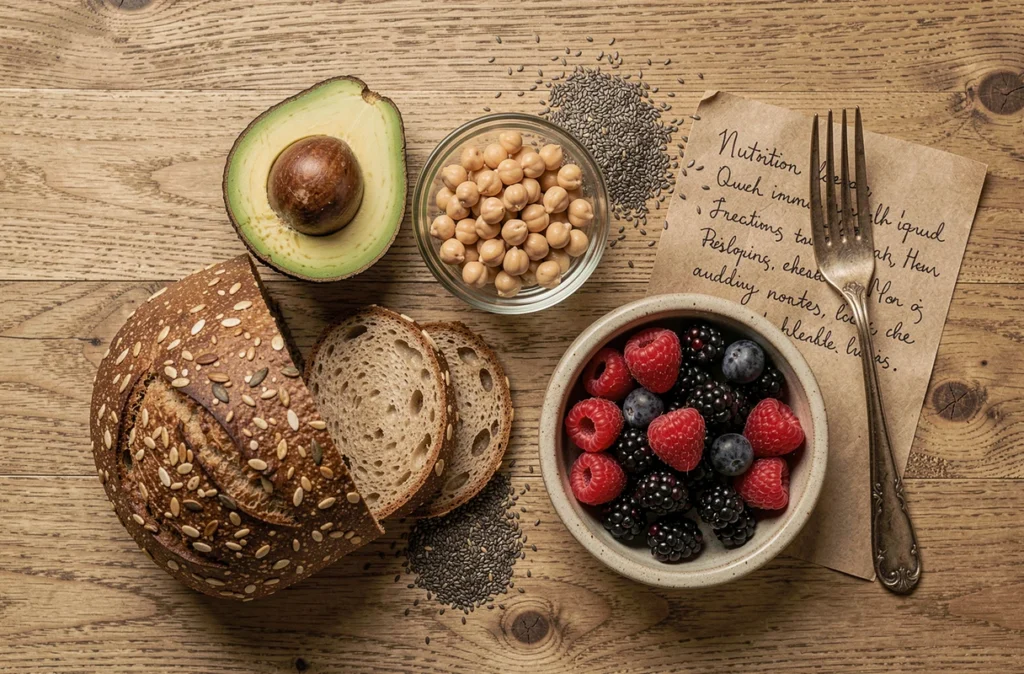 Flat lay d'aliments riches en fibres pour la perte de poids sur une table en bois