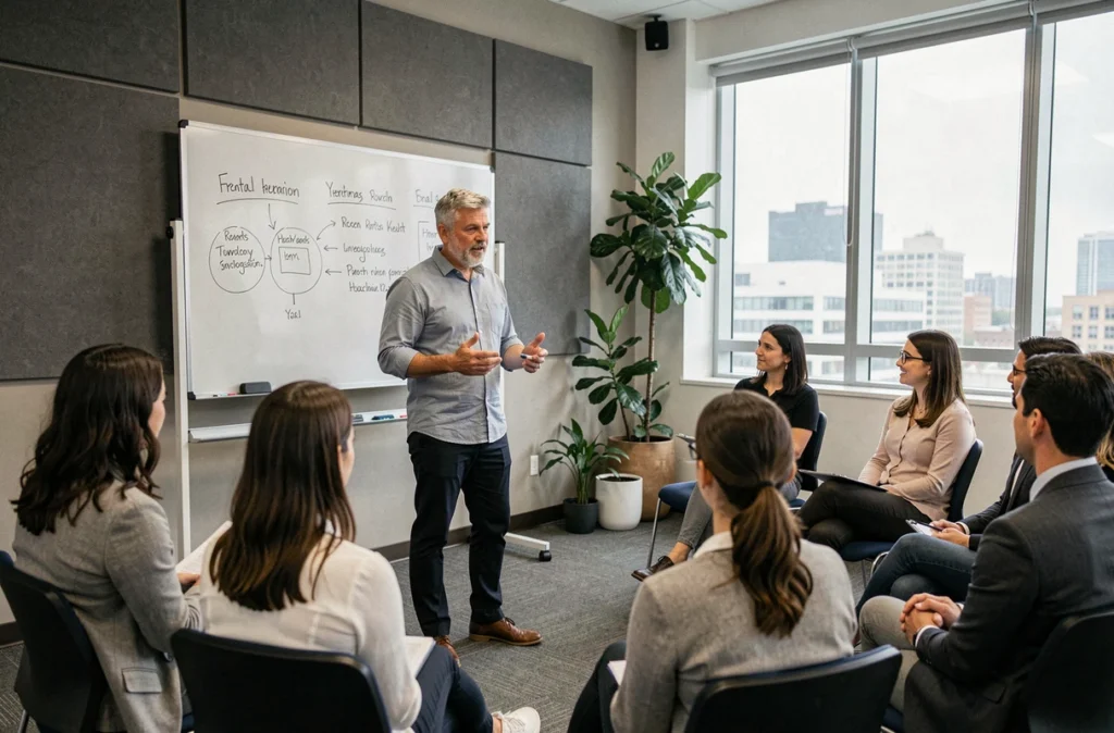 Formateur expert animant un atelier de développement professionnel pour psychologues et thérapeutes