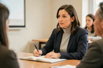 Professionnelle de la santé mentale prenant des notes lors d'une formation continue en salle de conférence