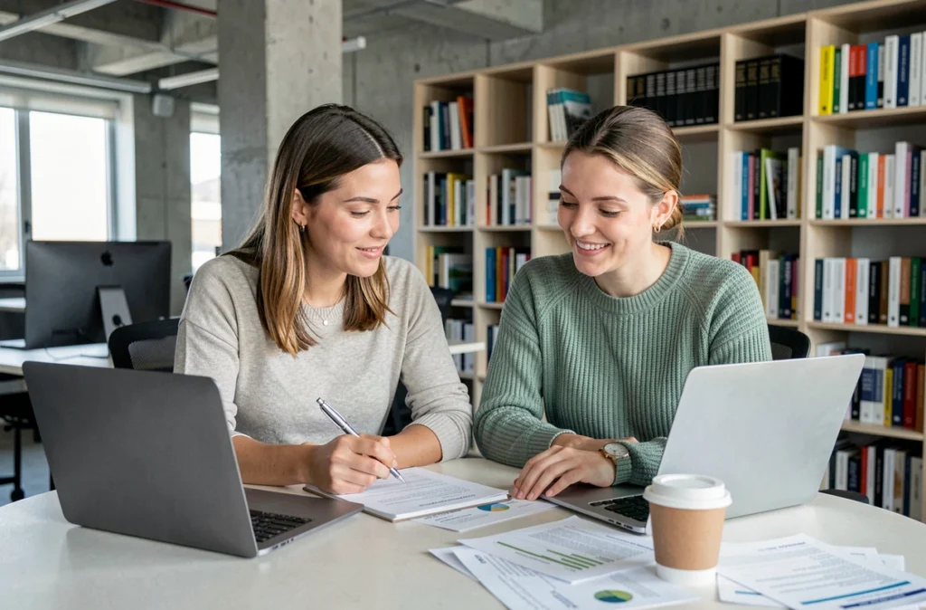 Deux professionnelles de la santé mentale en formation continue en ligne, collaborant sur des cours de perfectionnement
