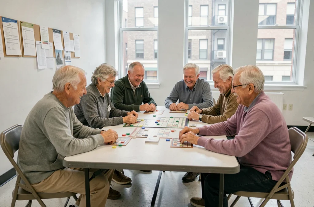 Un groupe de seniors jouant à un jeu de société dans une salle communautaire lumineuse, illustrant les activités collectives pour rompre l'isolement des personnes âgées