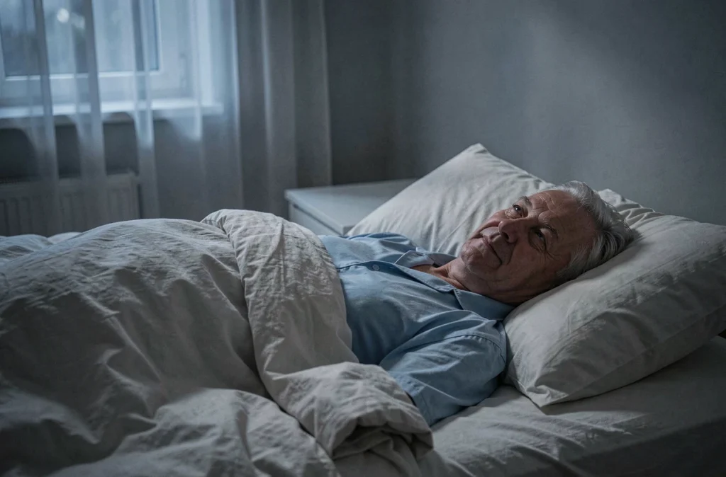 Homme âgé allongé dans son lit la nuit les yeux ouverts, représentant l'insomnie et les effets du vieillissement sur le sommeil