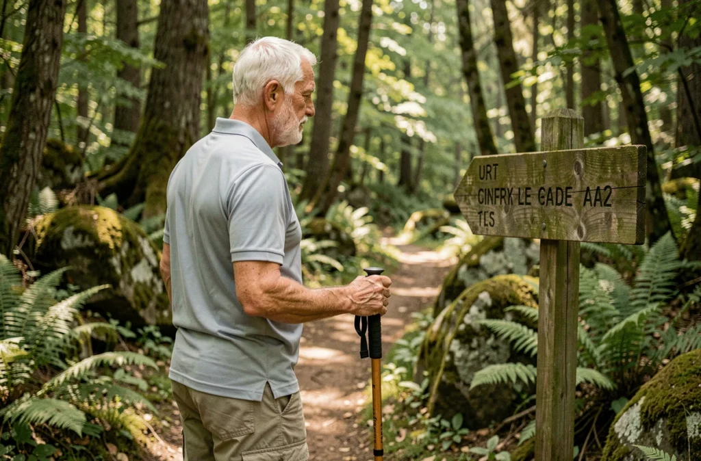 Homme âgé faisant une pause sur un sentier forestier avec des bâtons de marche, illustrant la marche en nature comme activité physique bénéfique pour les seniors