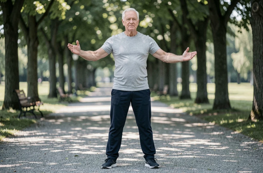 Homme âgé pratiquant le tai chi dans un parc verdoyant, symbolisant l'équilibre entre santé physique et bien-être mental en vieillissant