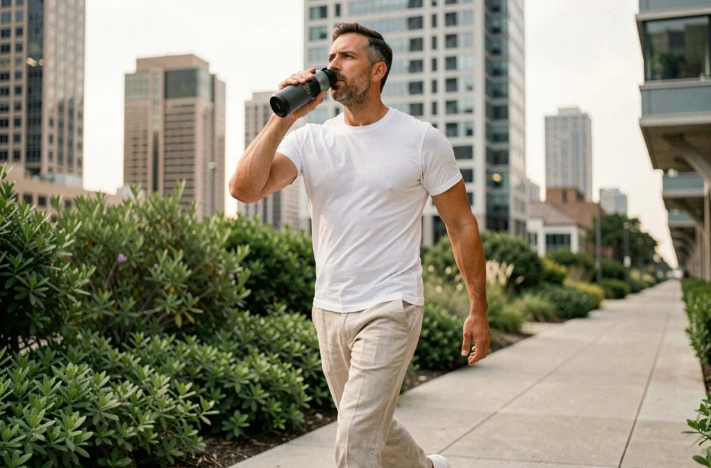 Homme en tenue décontractée buvant à une bouteille d'eau réutilisable lors d'une promenade urbaine pour illustrer l'hydratation quotidienne