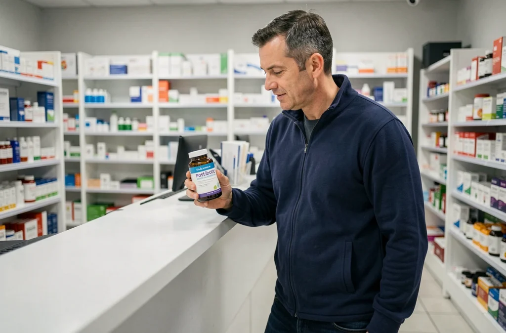 Homme examinant un complément alimentaire postbiotique en pharmacie pour soutenir une flore intestinale fragile
