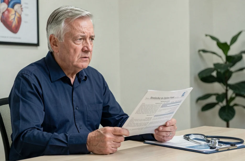 Homme âgé en consultation médicale tenant un document, visage préoccupé, illustrant le lien entre troubles cardiaques et bien-être psychologique