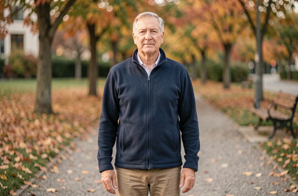 Homme âgé souriant dans un parc en automne, symbolisant l'espoir de guérison de la maladie de Ménière et le retour à la vie normale