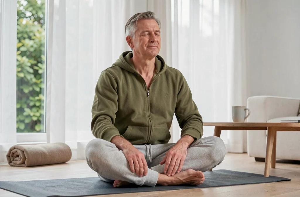 Homme atteint de fibromyalgie pratiquant des étirements doux sur un tapis de yoga dans un salon minimaliste et lumineux