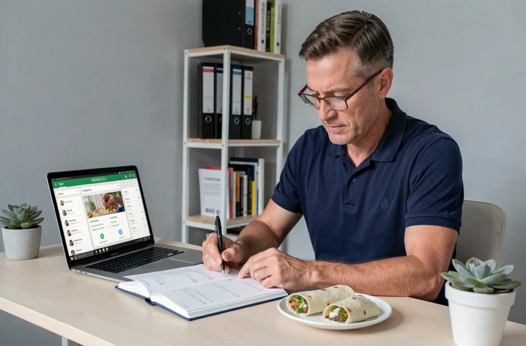 Homme consultant son journal alimentaire et une application nutritionnelle sur ordinateur dans un bureau à domicile